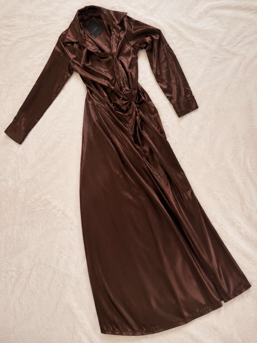 JLUXLABEL Chocolate Brown Satin Maxi Dress | Plunging Slit Gown | Never Worn
